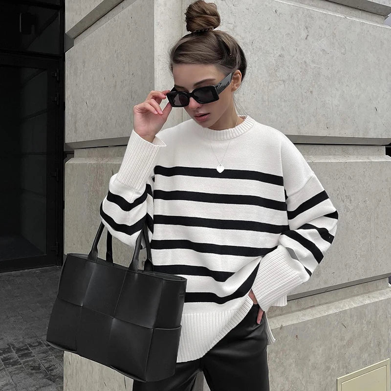 Damen Oversize Gestreifter Strickpullover