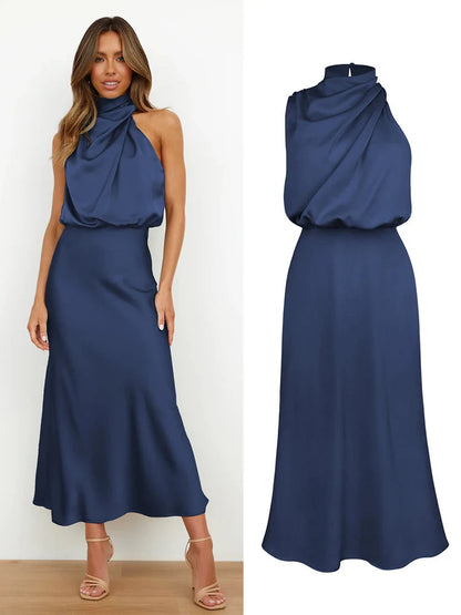 Damen Satin Midi Kleid Asymmetrischer Ausschnitt Abendkleid