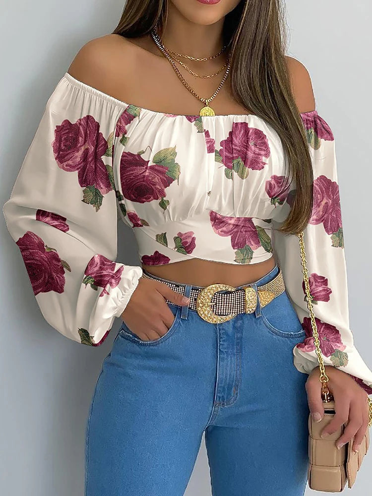 Damen Schulterfreie Cropped Bluse mit Ballonärmeln