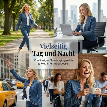 Damen-Jeansjacke mit Rüschensaum und offenem Frontverschluss
