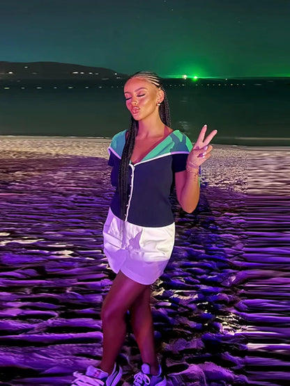 Damen Stricktop mit Reverskragen in Marineblau