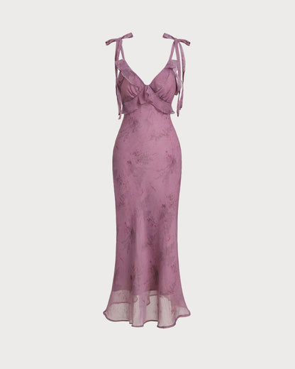 Lila Midikleid mit Blumenmuster, Rüschen und Bindeträgern