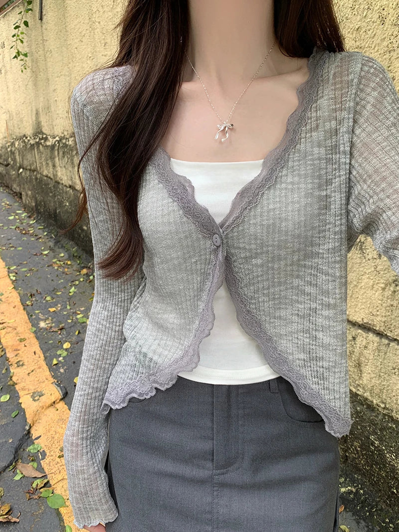 Damen Rippstrick Cropped Pullover mit Spitzenbesatz