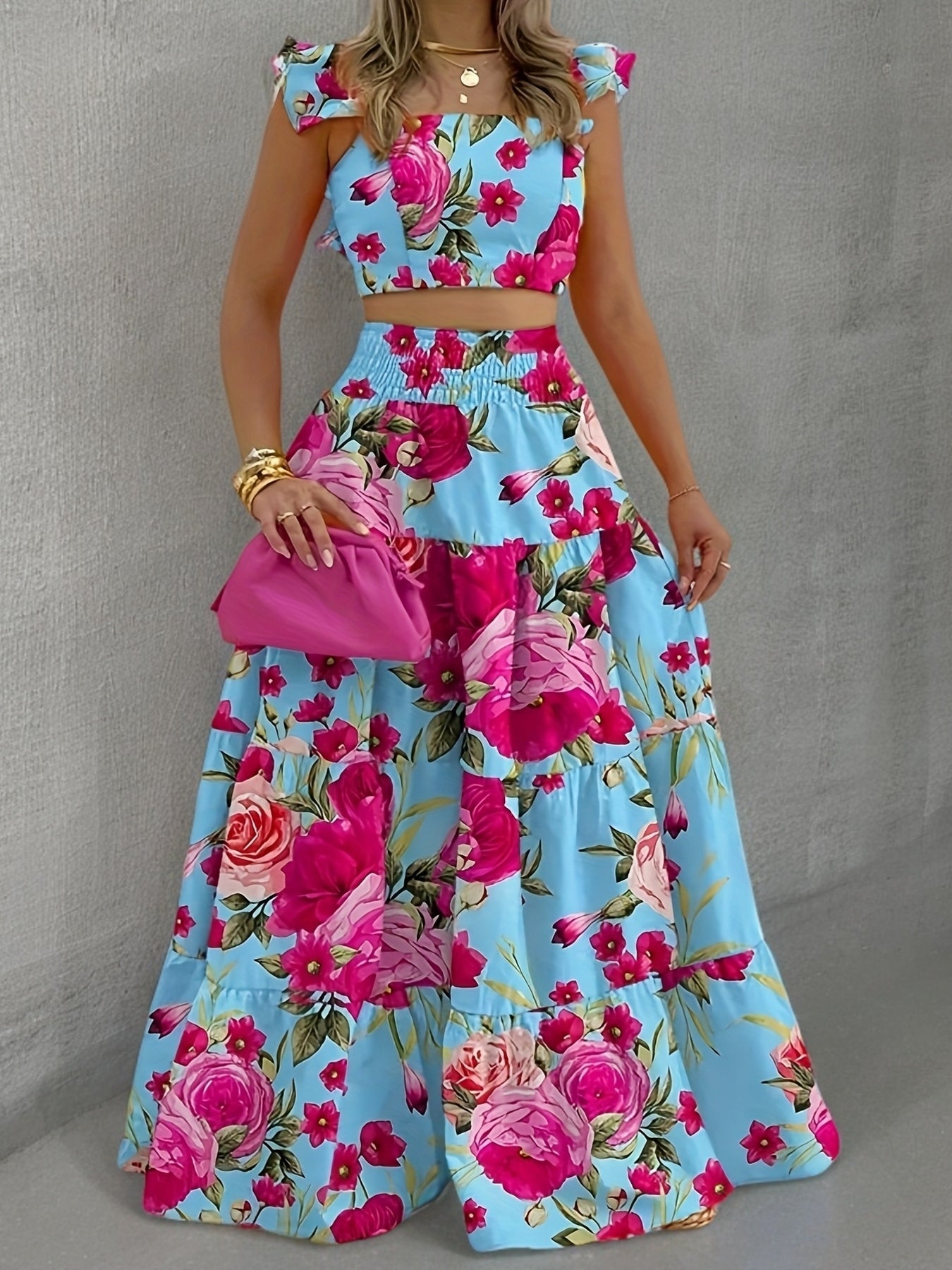 Blumiges Rüschen-Bustier-Top und ausgestelltes Maxirock-Set