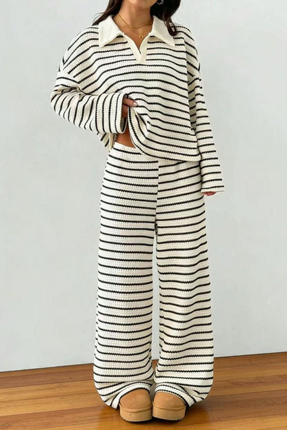 Damen-Strick-Lounge-Set mit Polokragen und Kontraststreifen