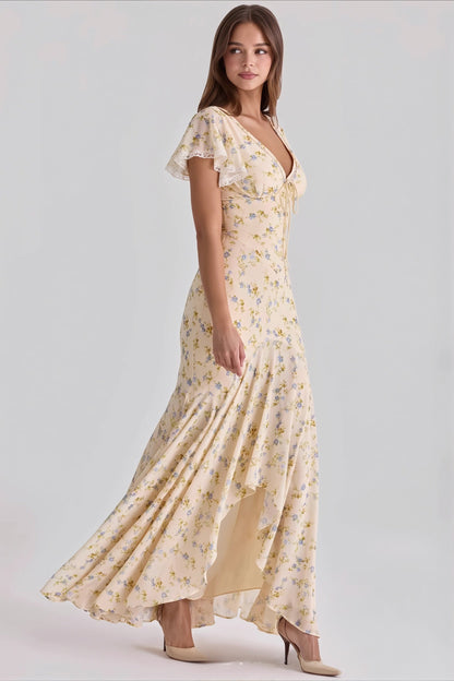Florales Maxikleid mit figurbetontem Schnitt und V-Ausschnitt