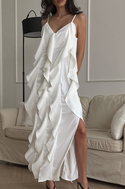 Damen Maxikleid mit V-Ausschnitt und Rüschenbesatz in Vorderansicht