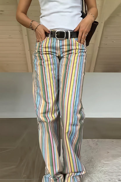 Damen Straight Leg Jeans mit bunten Colourblock-Streifen und tiefem Bund, Vorderansicht