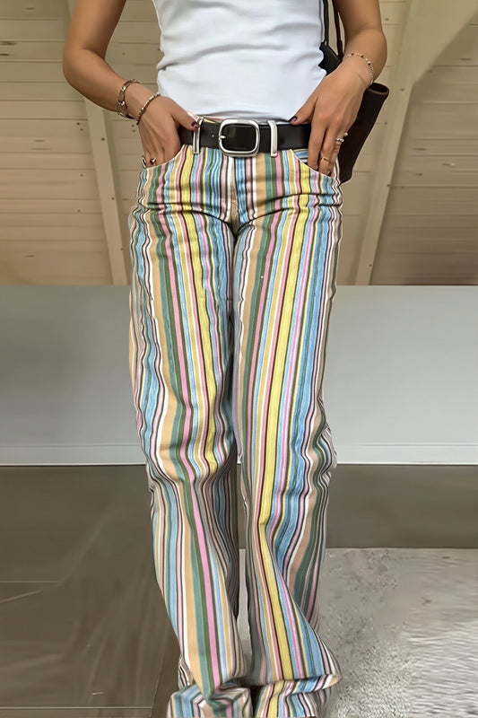 Damen Straight Leg Jeans mit bunten Colourblock-Streifen und tiefem Bund, Vorderansicht