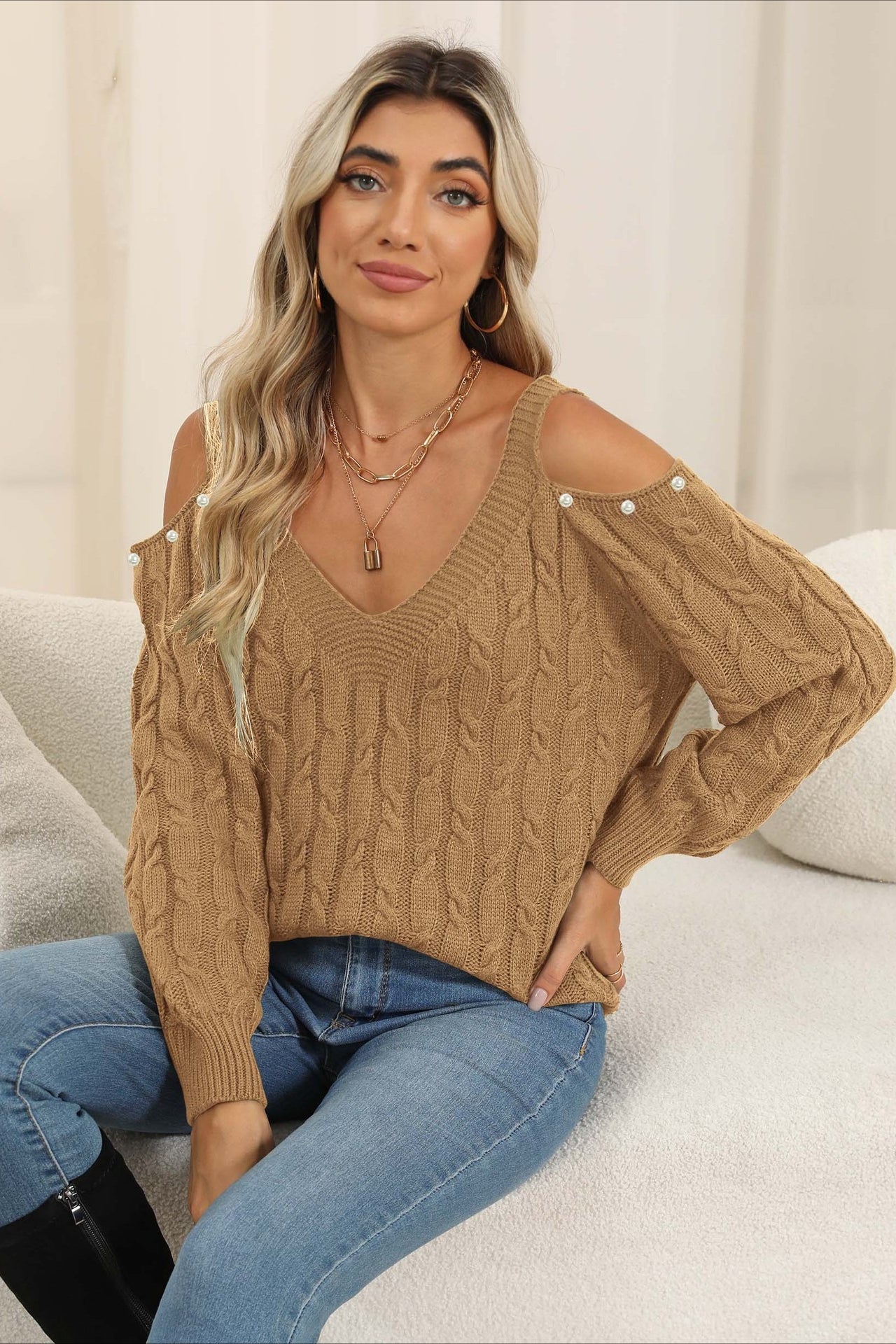 Damen Pullover Mit V Ausschnitt Und Off Shoulder Detail