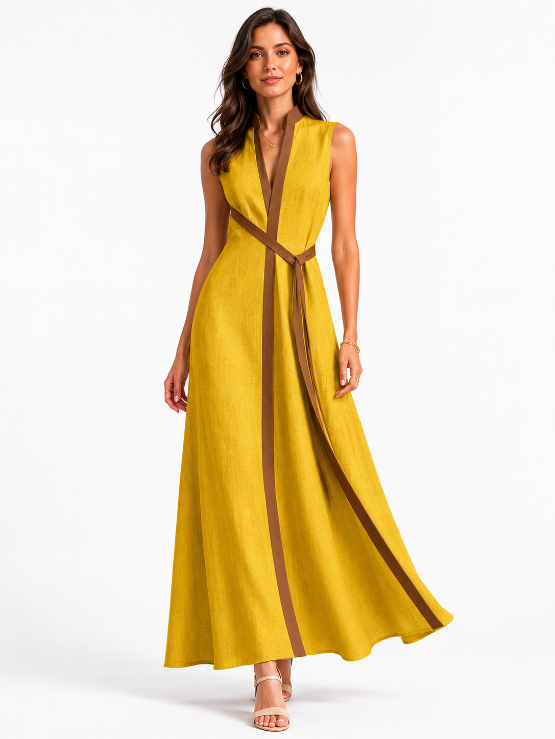 Damen Ärmelloses Lockeres Midi-Kleid mit Stehkragen