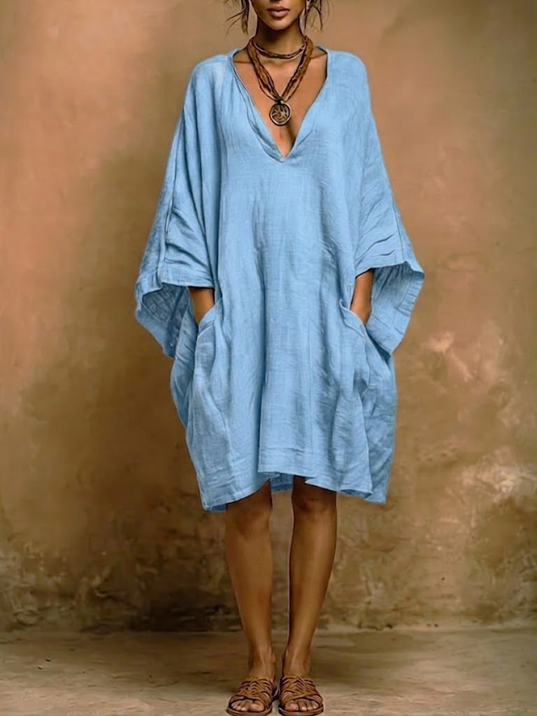 Locker sitzendes Midi-Kleid mit V-Ausschnitt für Damen