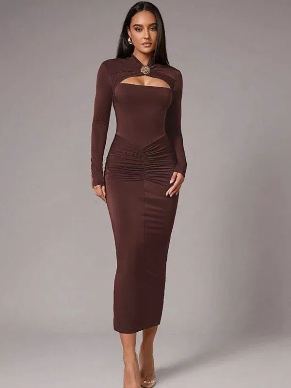 Figurbetontes gerafftes Midi-Kleid Braun