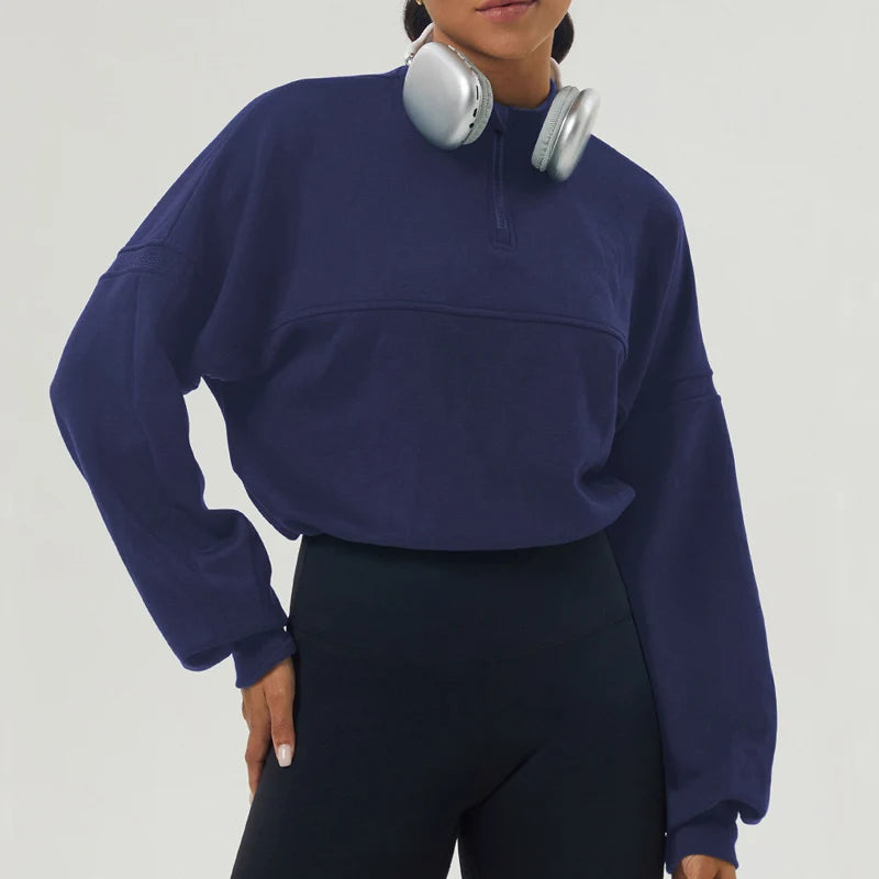 Oversized Damen Sweatshirt aus Baumwollmischung mit halbem Reißverschluss