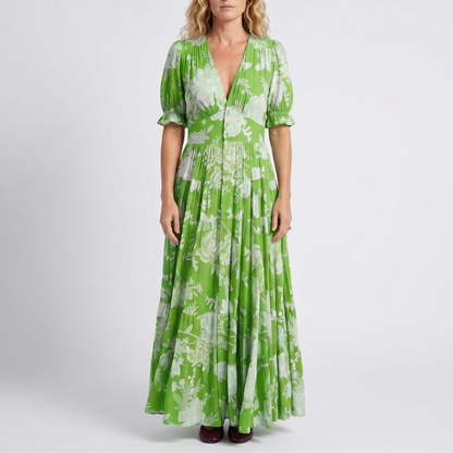 Elegantes Blumen-V-Ausschnitt-Kleid