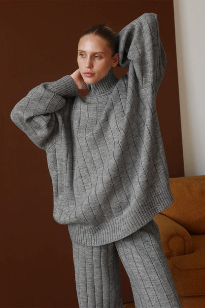 Damen-Rippstrick-Set mit Rollkragen und Hose mit weitem Bein