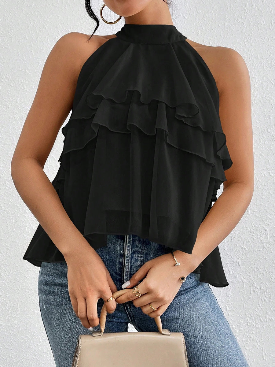 Rückansicht vom Damen-Tanktop mit Halterneck und Volantdetail