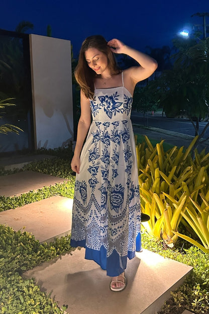Spaghettiträger Polyester Midi Kleid Blau
