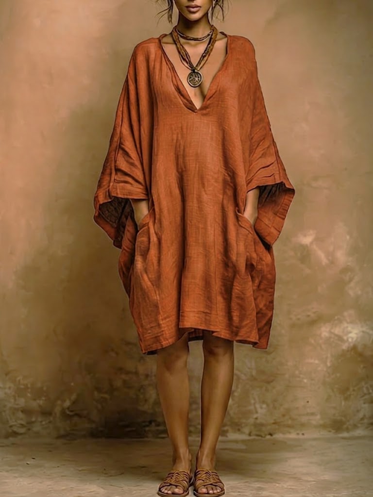 Locker sitzendes Midi-Kleid mit V-Ausschnitt für Damen