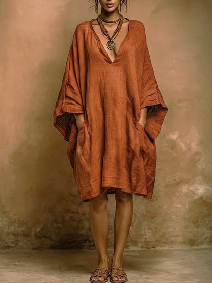 Locker sitzendes Midi-Kleid mit V-Ausschnitt für Damen