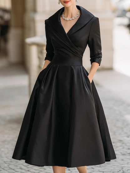 Vintage Satin Midikleid mit drapiertem Kragen