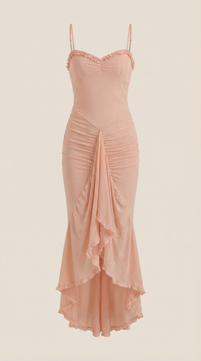 Damen Maxikleid mit Volants und asymmetrischem Saum