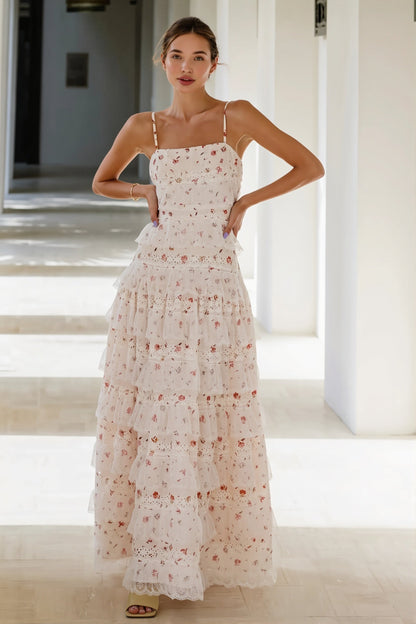 Damen Maxikleid Mit Volants Und Häkelspitze