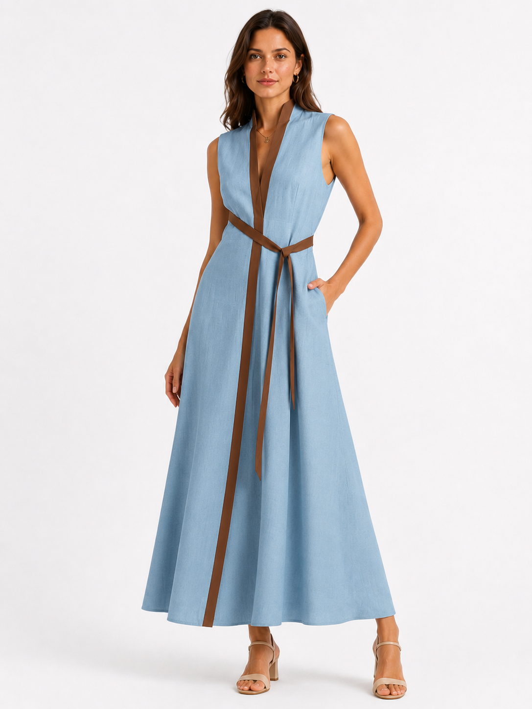 Damen Ärmelloses Lockeres Midi-Kleid mit Stehkragen
