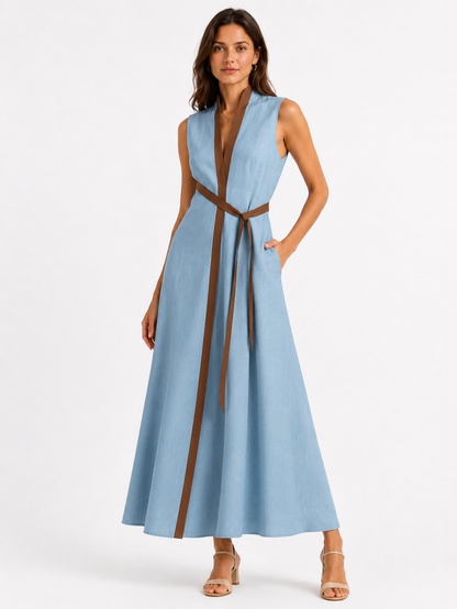 Damen Ärmelloses Lockeres Midi-Kleid mit Stehkragen