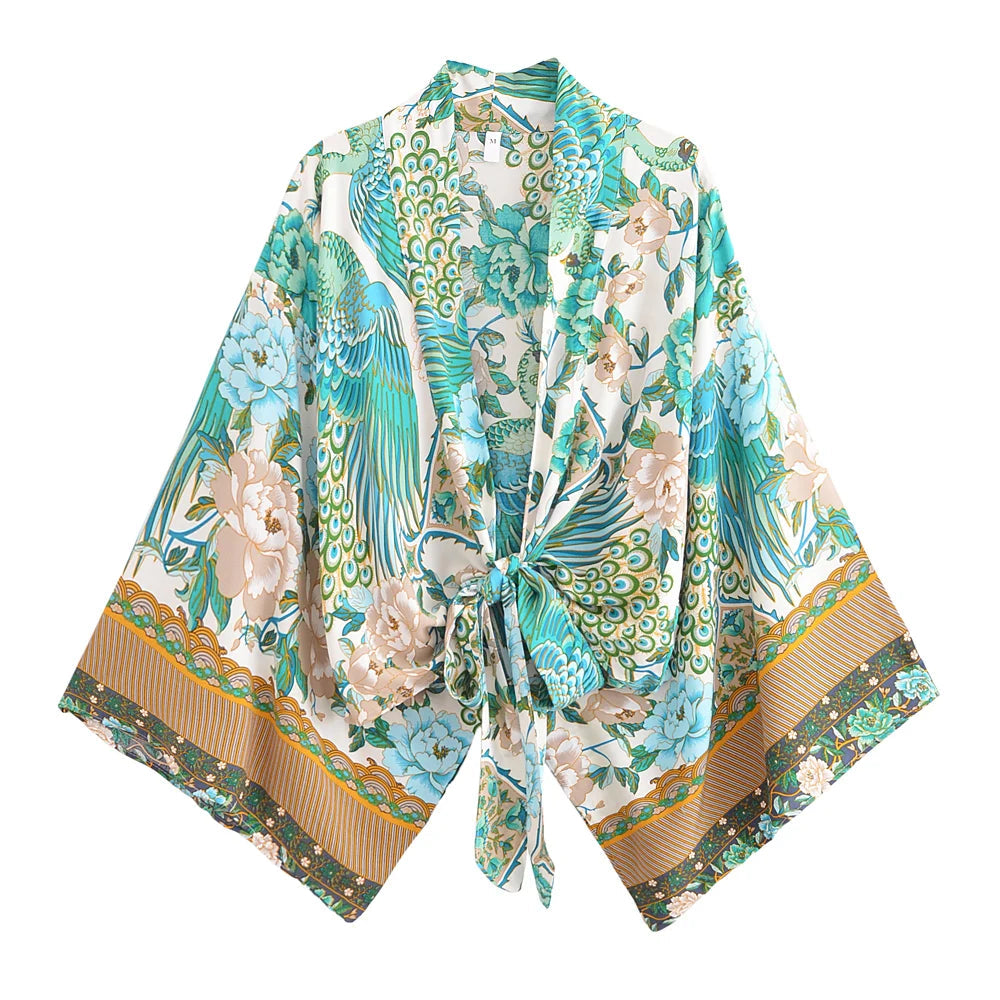 Damen Rayon Kurz Kimono mit Blumenmuster Strandüberwurf