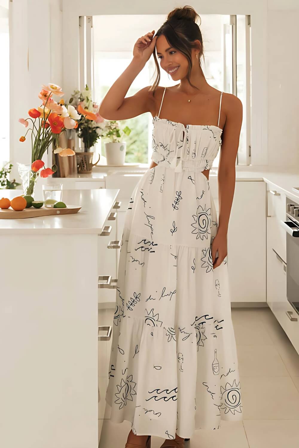Bedrucktes ärmelloses Midikleid aus Polyester Weiß