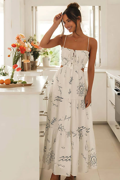 Bedrucktes ärmelloses Midikleid aus Polyester Weiß