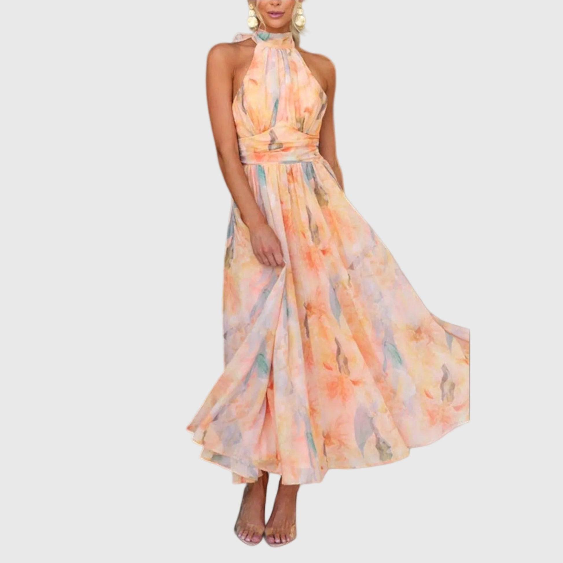 Maxi Kleid für Damen mit offenem Schulterbereich und sanften Farbnuancen