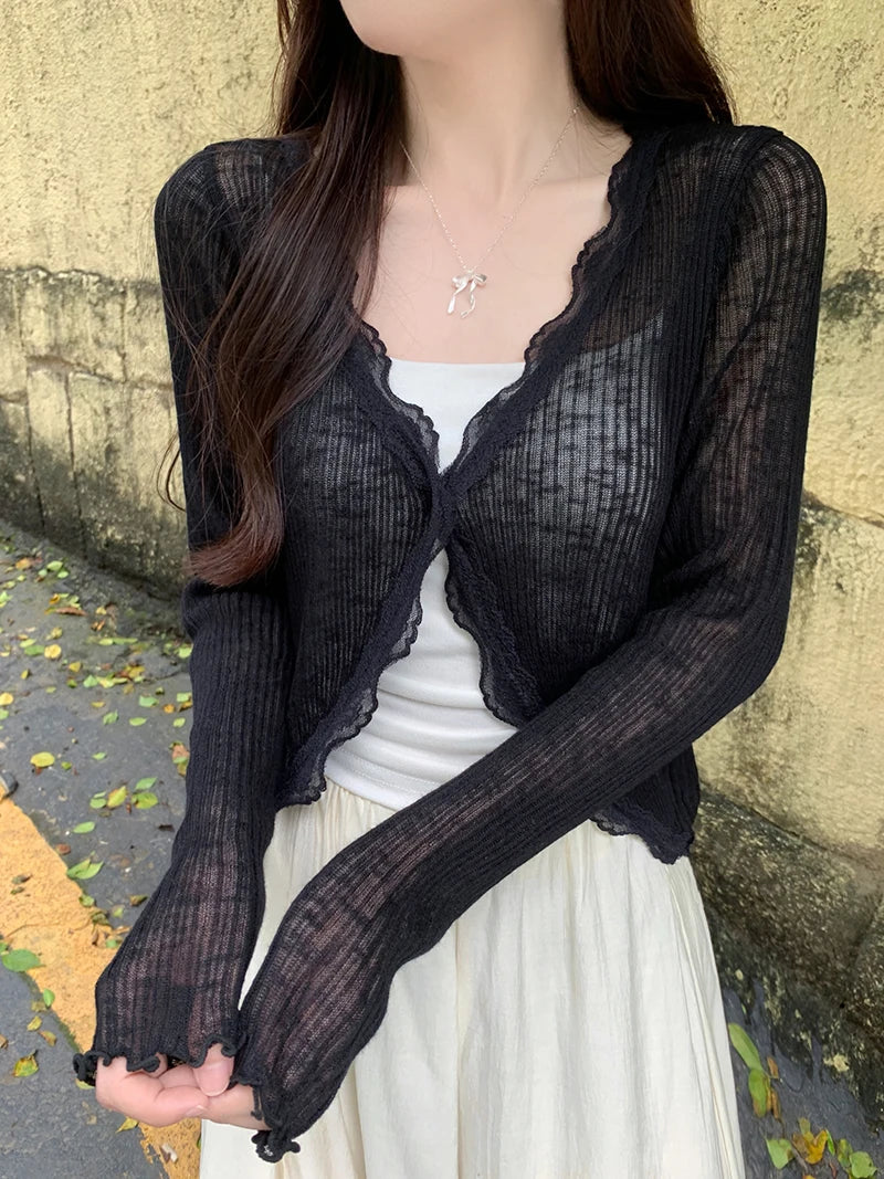 Damen Rippstrick Cropped Pullover mit Spitzenbesatz