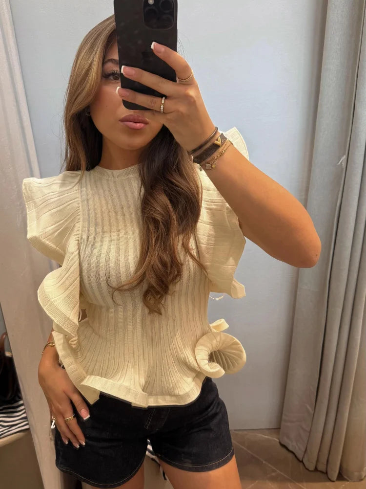 Damen Slim Fit Ärmellose Bluse mit Rüschensaum Leichtgewichtig