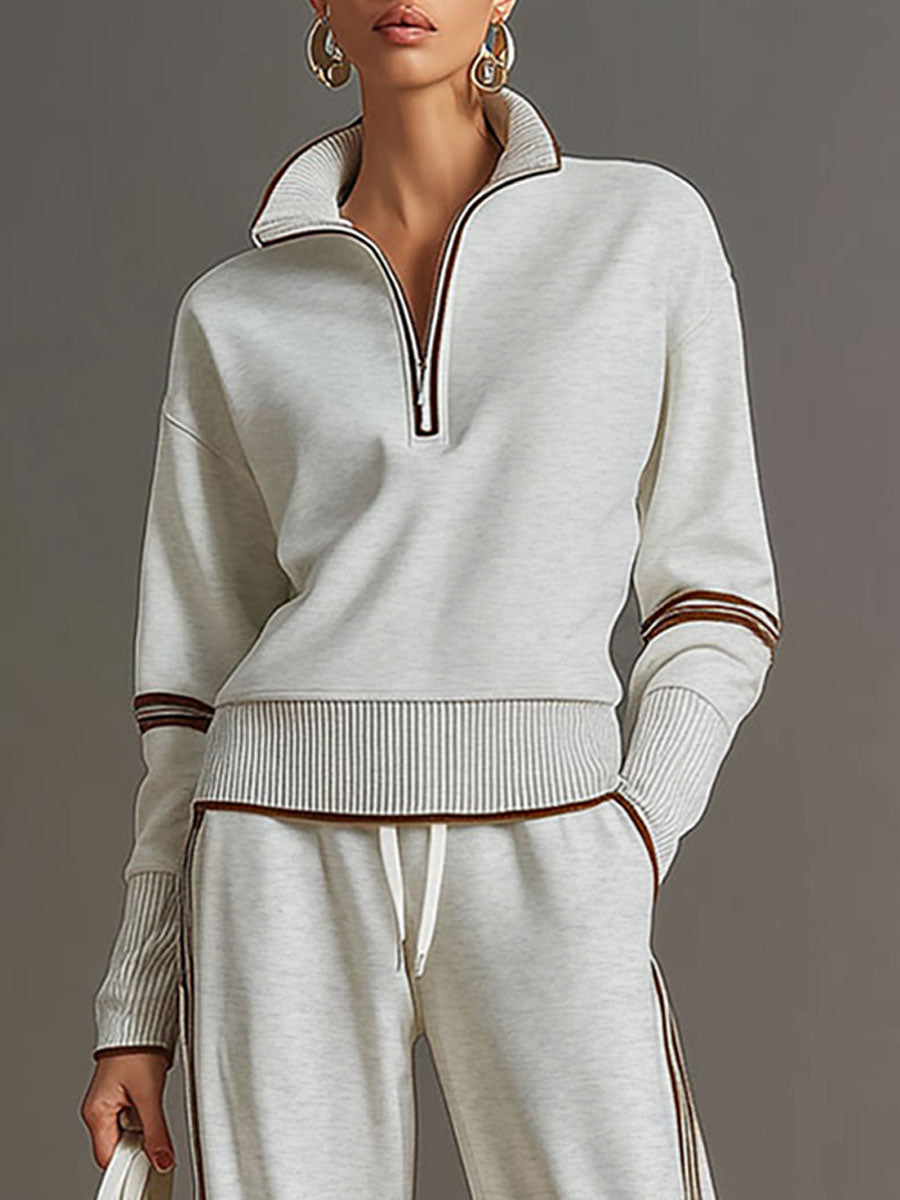 Pullover mit halbem Reißverschluss & Hose mit weitem Bein Set