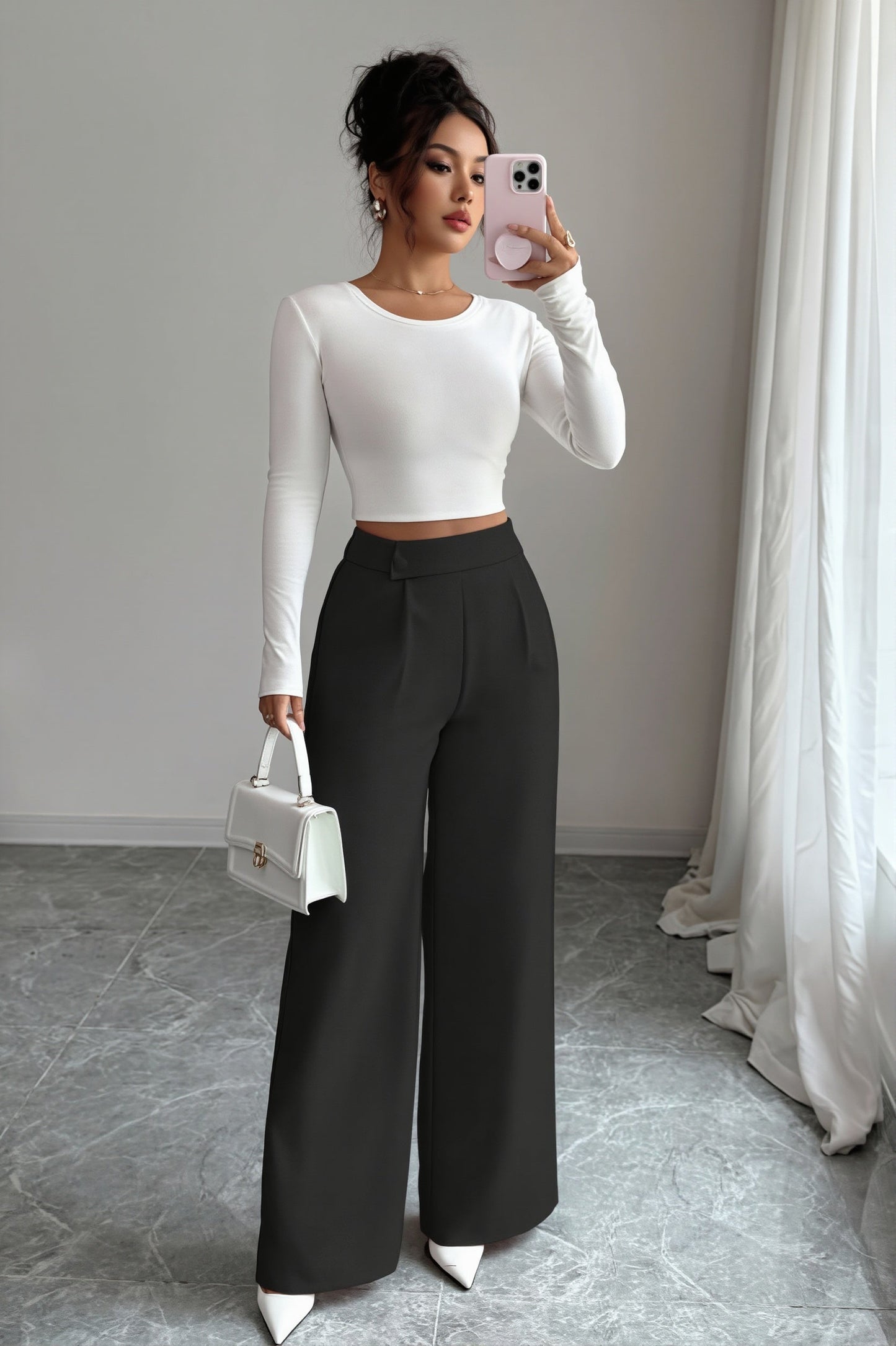 Weite High-Waist-Damenhose mit Knopfdetail in Ganzkörperansicht