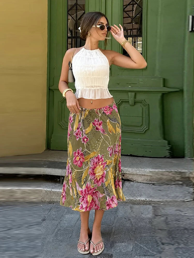 Damen Hoch Taillierter A-Linien Midi-Rock mit Blumenmuster und Schlitz