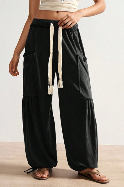 Damen Wide Leg Hose mit Bindeband und lockerem Schnitt, Rückansicht