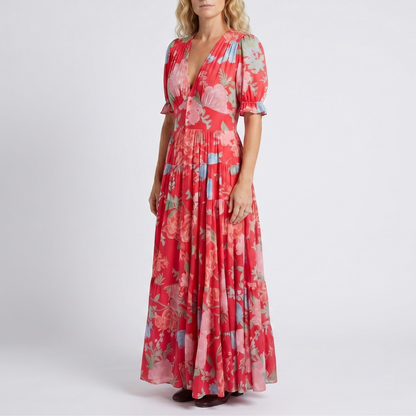 Elegantes Blumen-V-Ausschnitt-Kleid