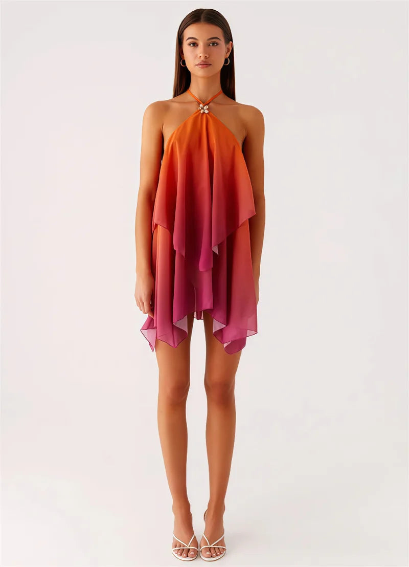 Rosa Farbverlauf Mini Kleid mit Rüschensaum