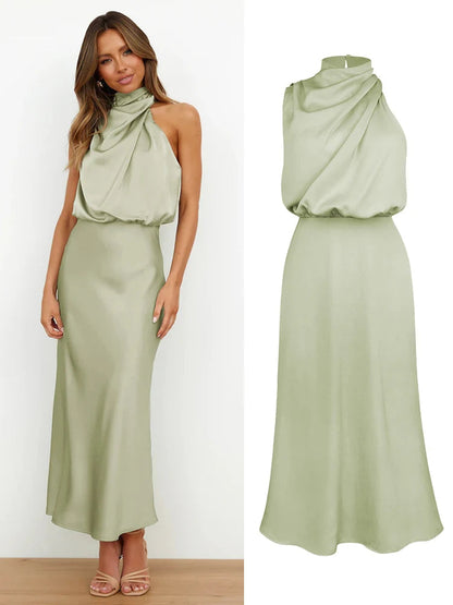 Damen Satin Midi Kleid Asymmetrischer Ausschnitt Abendkleid