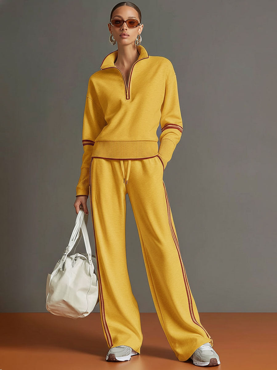 Pullover mit halbem Reißverschluss & Hose mit weitem Bein Set