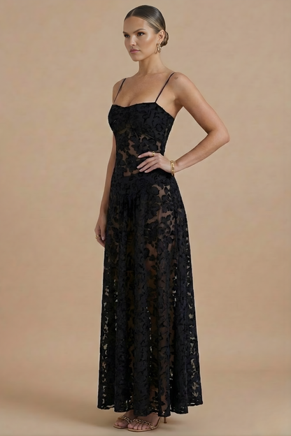 Damen-Blumen-Maxikleid mit dünnen Trägern in voller Länge
