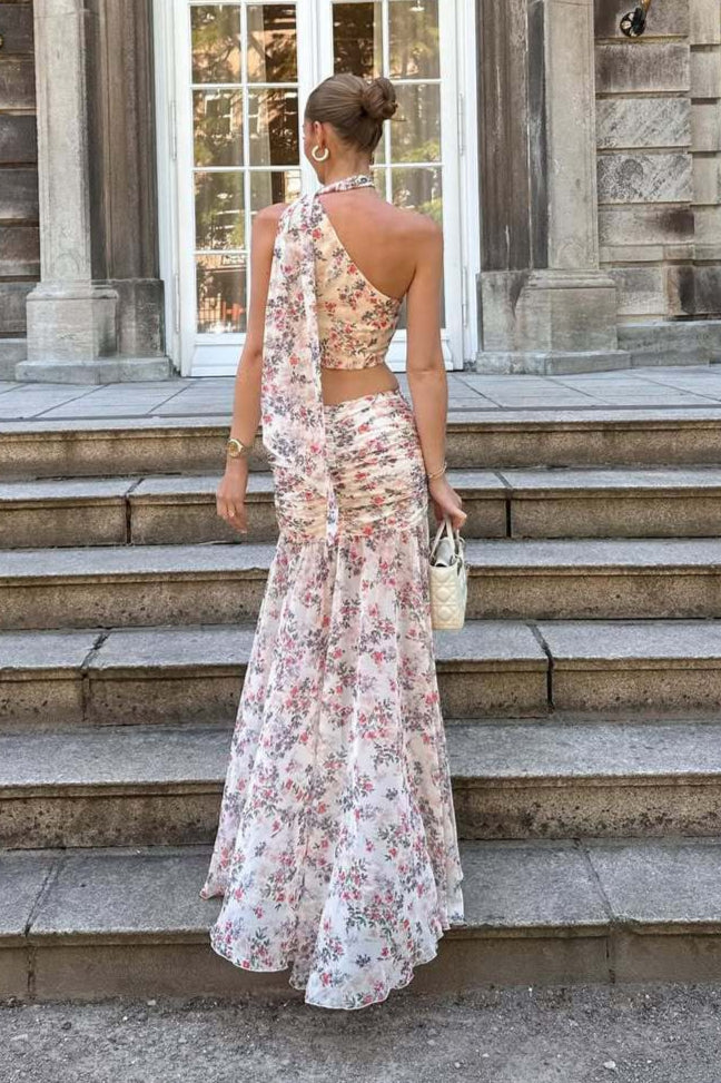 Damen Set in Hellrosa und Lila mit Blumenprint und freier Schulter