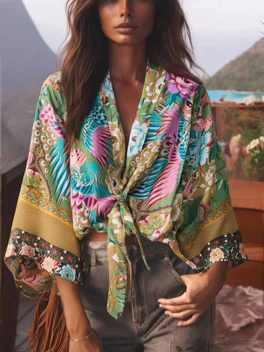 Damen Rayon Kurz Kimono mit Blumenmuster Strandüberwurf