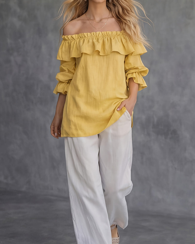 Uni Off-Shoulder Bluse für Damen mit Volantdetail, Rückansicht