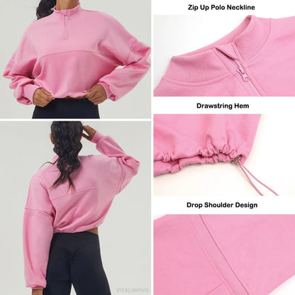 Oversized Damen Sweatshirt aus Baumwollmischung mit halbem Reißverschluss