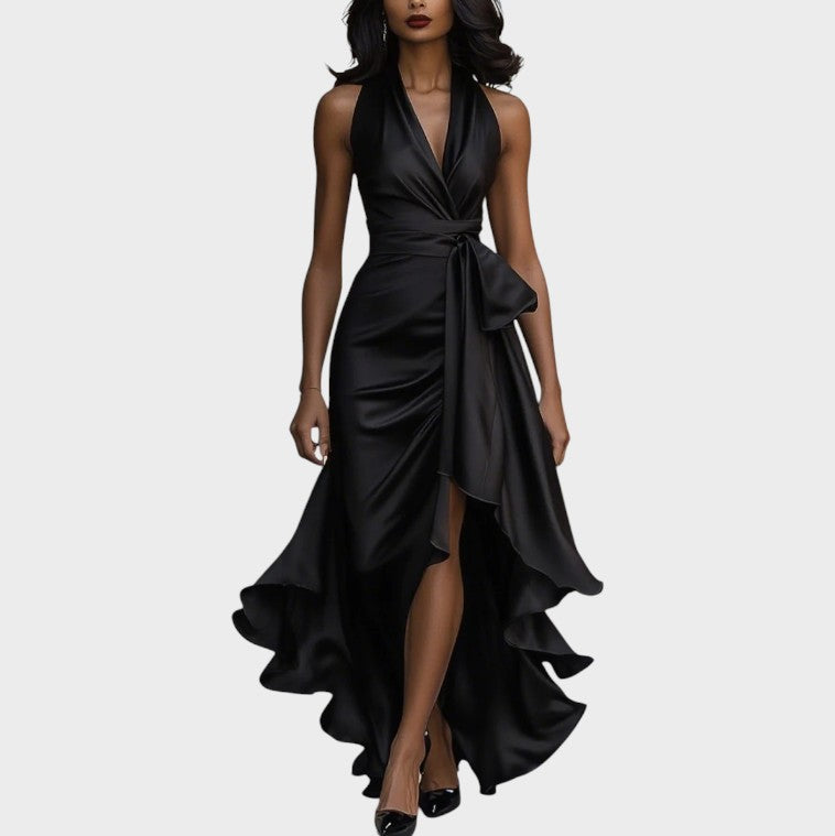 Midnight Satin Neckholderkleid mit Rüschendetail
