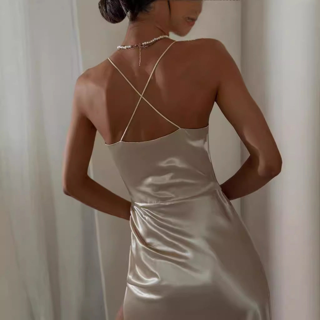 Damen Satin Cocktailkleid mit drapiertem Seitenschlitz